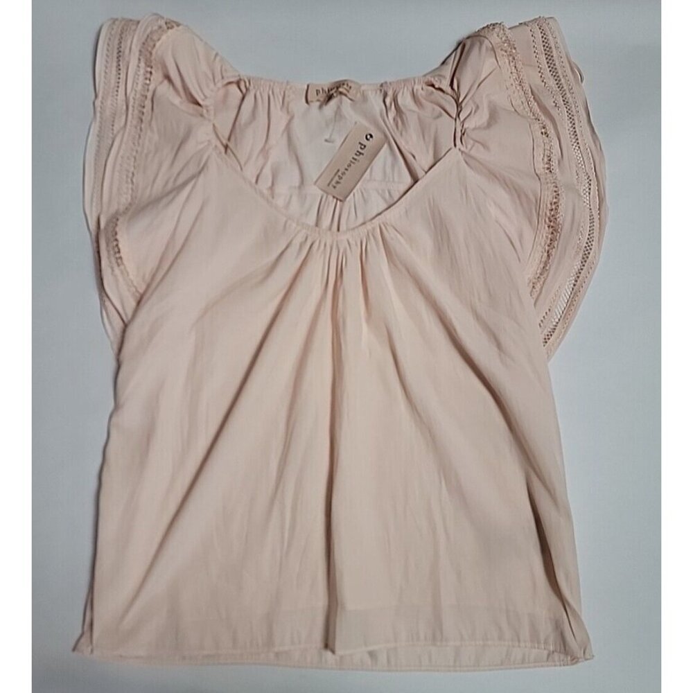 New Philosophy Pink Peach Short Sleeve Dressy Shirt Lined V Neck  XS Boho Cottag - Picture 2 of 10
